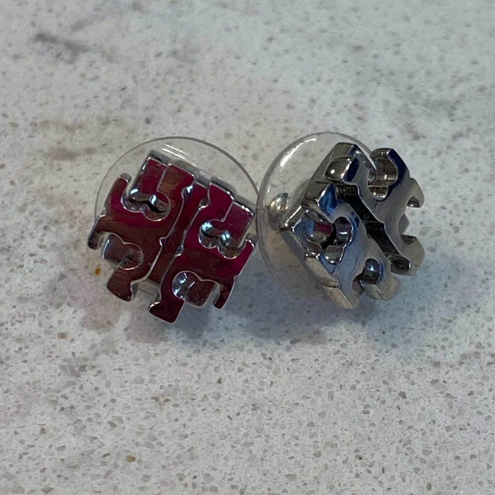 Tory Burch Small Silver Logo Earrings